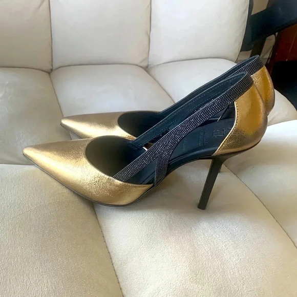 NWOT BRUNELLO CUCINELLI gold leather 4 inch heel pumps w/ signature beads sz 37 - Picture 1 of 8